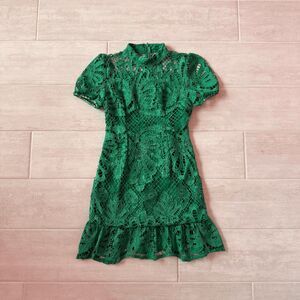 Mini Dress Green Crochet Lace Stand Collar Lined Puff Sleeve Elegant Medium Zip